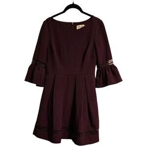 Eliza J. Dress Size 6/P Dark Purple Lace Bell Sleeves Pleated Skirt 3/4 Sleeves